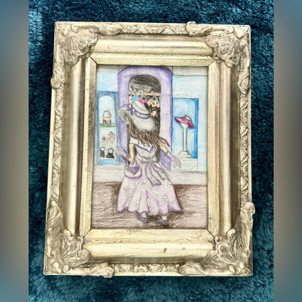 Vintage Framed Art - Elegant Lady in Lavender Dress